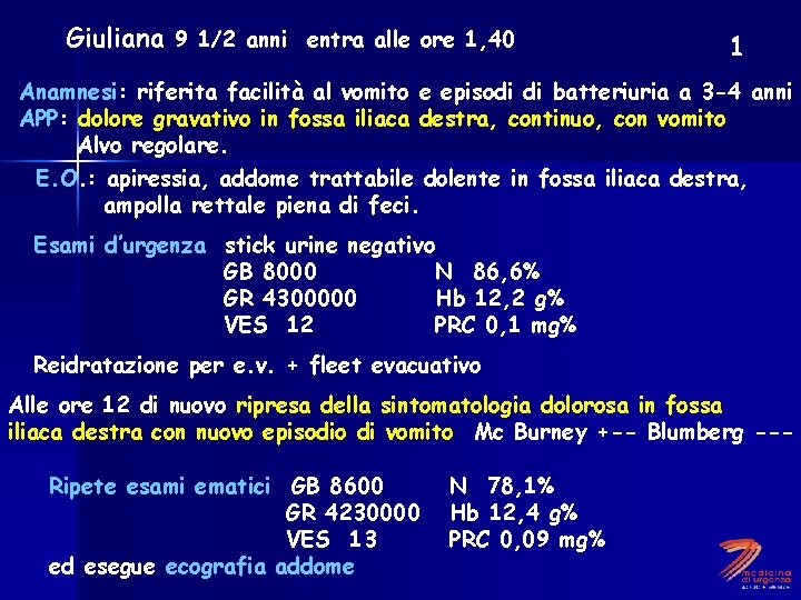 Giuliana 9 1/2 anni entra alle ore 1, 40 1 Anamnesi: riferita facilità al