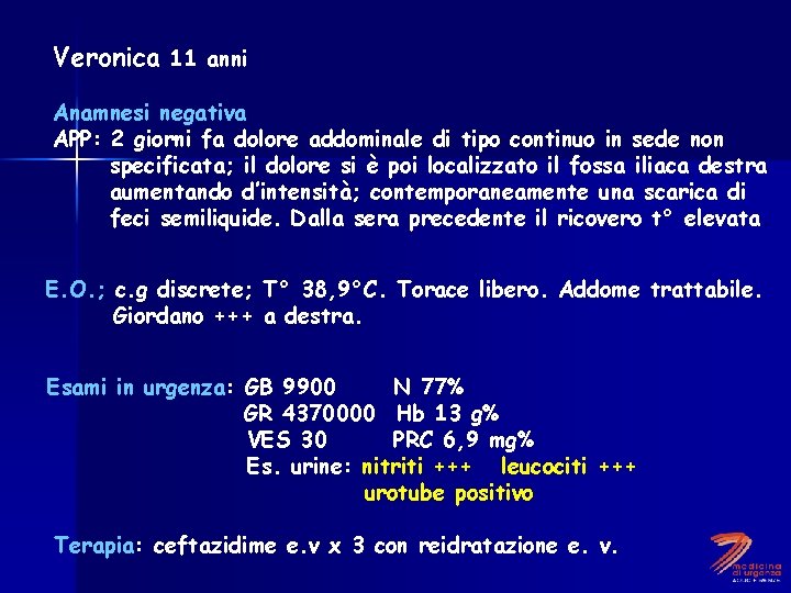 Veronica 11 anni Anamnesi negativa APP: 2 giorni fa dolore addominale di tipo continuo