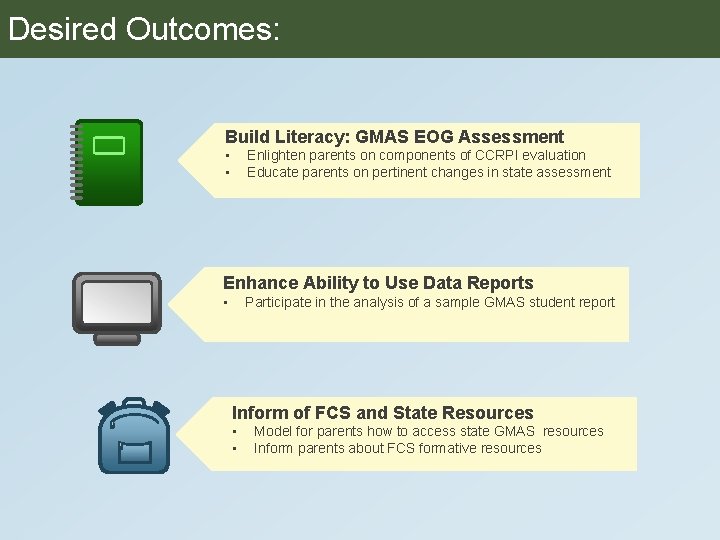 Desired Outcomes: Build Literacy: GMAS EOG Assessment • • Enlighten parents on components of