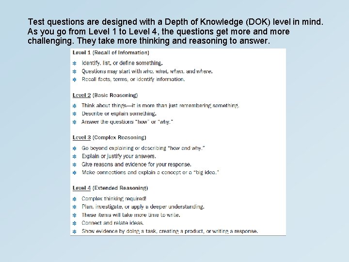 Test questions are designed with a Depth of Knowledge (DOK) level in mind. As