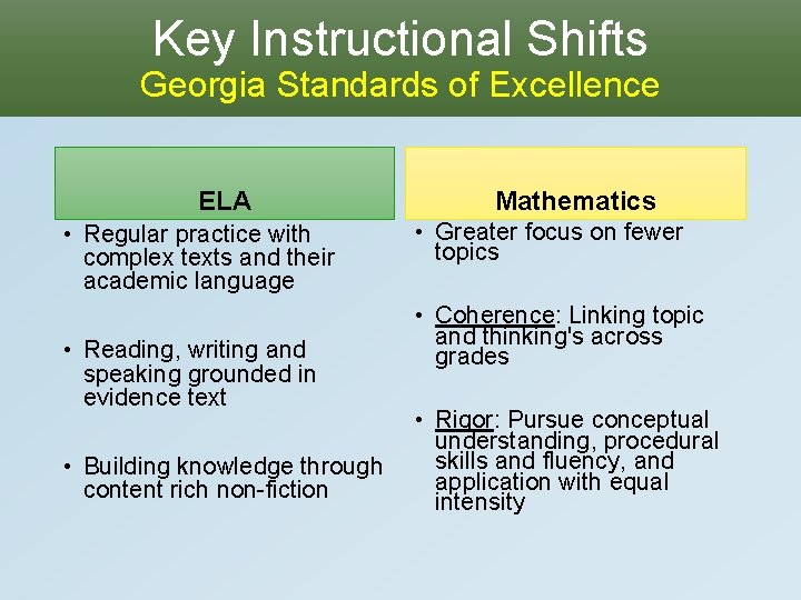 Key Instructional Shifts Georgia Standards of Excellence ELA • Regular practice with complex texts