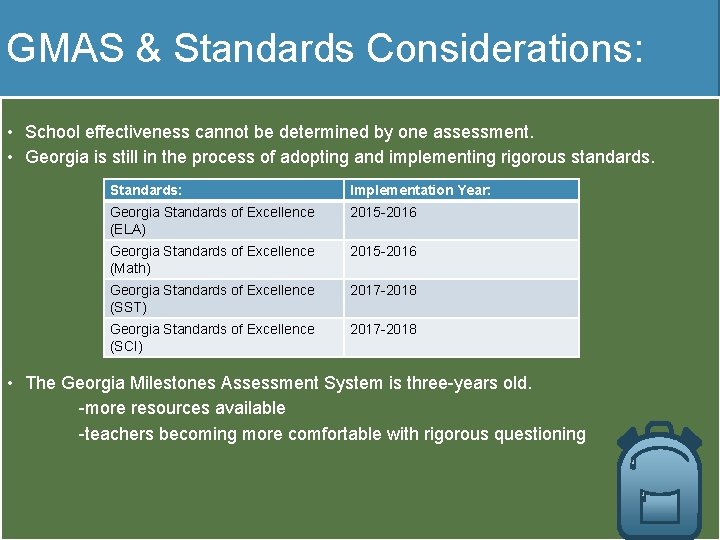 GMAS & Standards Considerations: • School effectiveness cannot be determined by one assessment. •