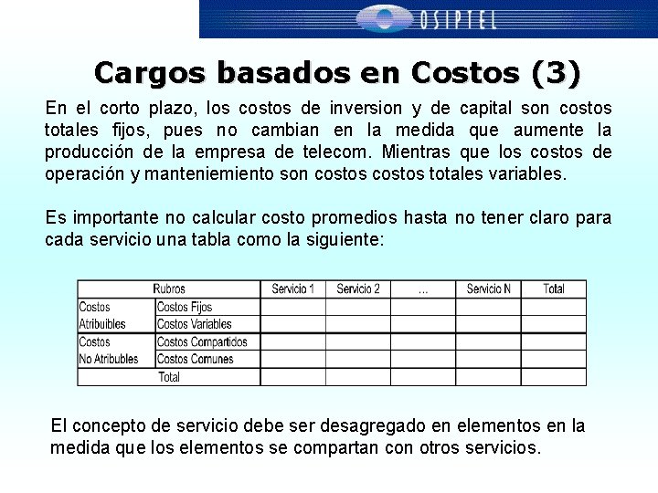 Cargos basados en Costos (3) En el corto plazo, los costos de inversion y