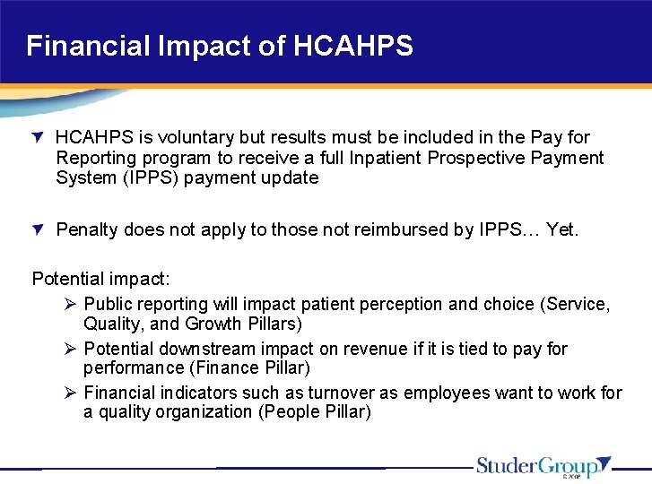 Financial Impact of HCAHPS is voluntary but results must be included in the Pay