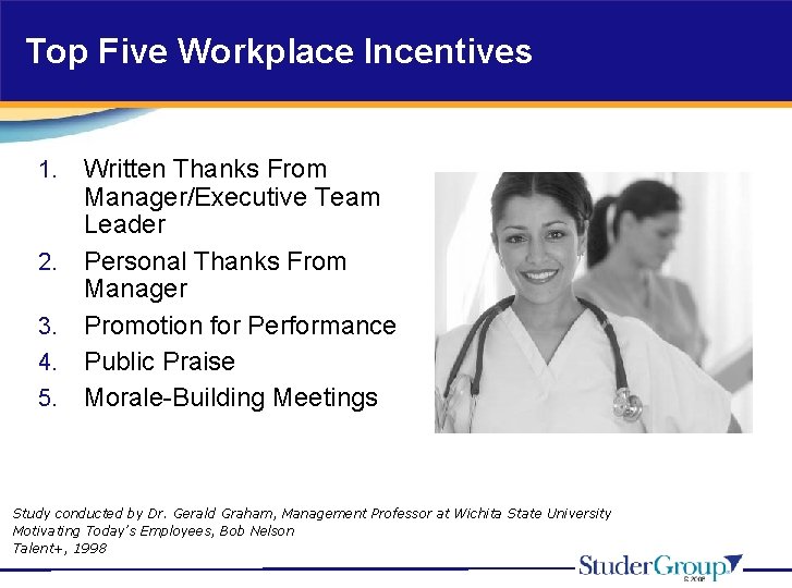 Top Five Workplace Incentives 1. 2. 3. 4. 5. Written Thanks From Manager/Executive Team