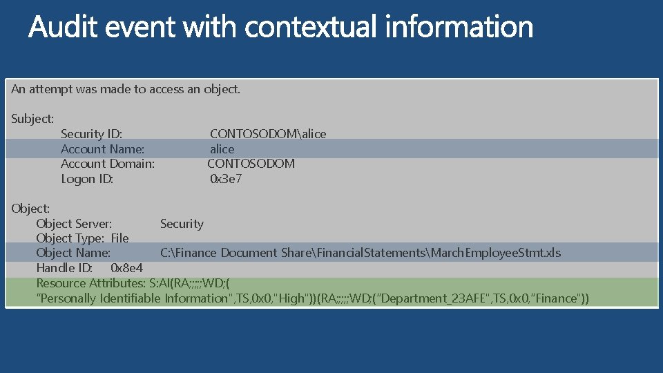 An attempt was made to access an object. Subject: Security ID: CONTOSODOMalice Account Name: