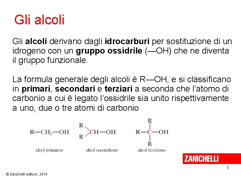 Gli alcoli derivano dagli idrocarburi per sostituzione di un idrogeno con un gruppo ossidrile Gli alcoli derivano dagli idrocarburi per sostituzione di un idrogeno con un gruppo ossidrile