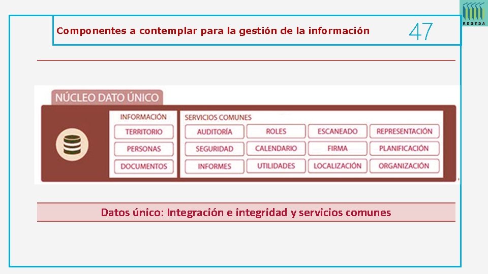 Componentes a contemplar para la gestión de la información Datos único: Integración e integridad