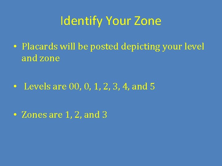 Identify Your Zone • Placards will be posted depicting your level and zone •