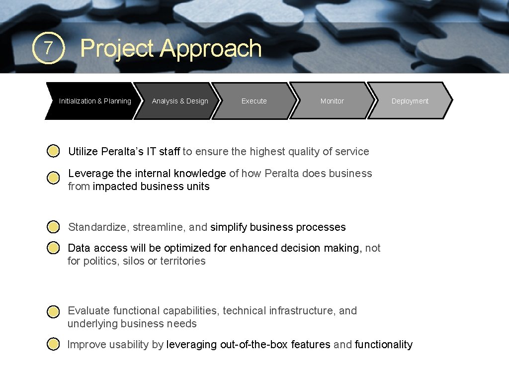 7 Project Approach Initialization & Planning Analysis & Design Execute Monitor Deployment Utilize Peralta’s