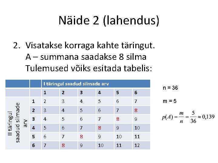 Näide 2 (lahendus) 2. Visatakse korraga kahte täringut. A – summana saadakse 8 silma