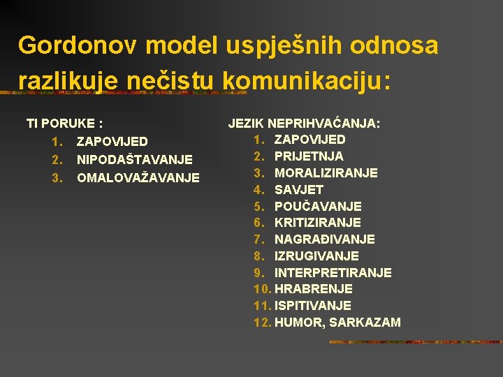 Gordonov model uspješnih odnosa razlikuje nečistu komunikaciju: TI PORUKE : 1. ZAPOVIJED 2. NIPODAŠTAVANJE