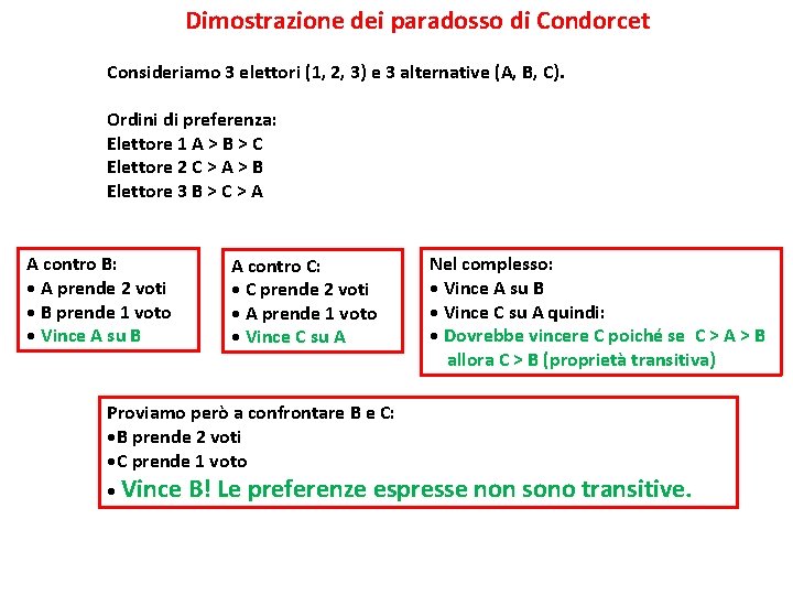  Dimostrazione dei paradosso di Condorcet Consideriamo 3 elettori (1, 2, 3) e 3