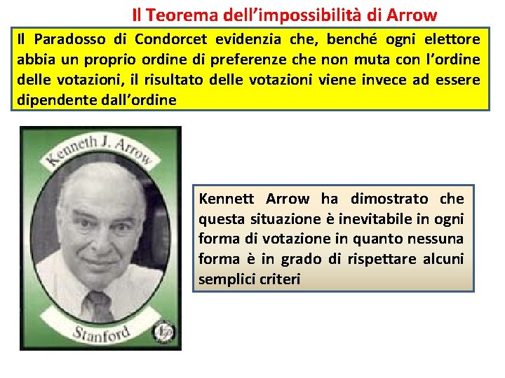 Il Teorema dell’impossibilità di Arrow Il Paradosso di Condorcet evidenzia che, benché ogni elettore