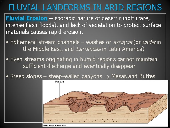 FLUVIAL LANDFORMS IN ARID REGIONS Fluvial Erosion – sporadic nature of desert runoff (rare,