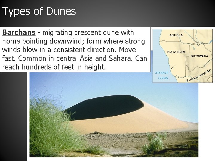 Types of Dunes Barchans - migrating crescent dune with horns pointing downwind; form where
