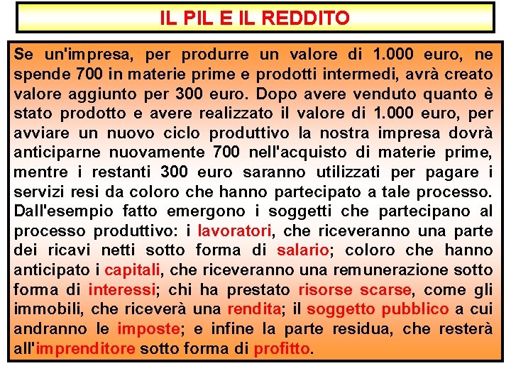 IL PIL E IL REDDITO Se un'impresa, per produrre un valore di 1. 000