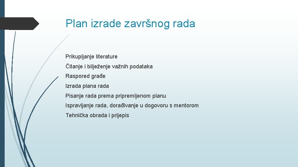 Plan izrade završnog rada Prikupljanje literature Čitanje i bilježenje važnih podataka Raspored građe Izrada