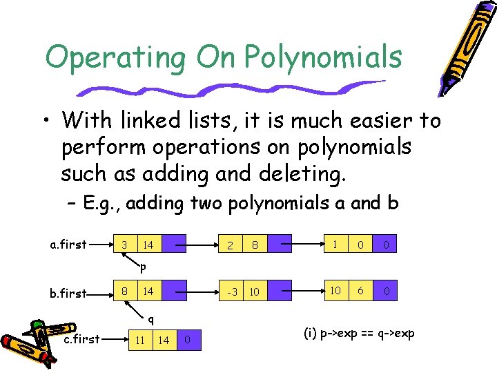 Operating On Polynomials • With linked lists, it is much easier to perform operations