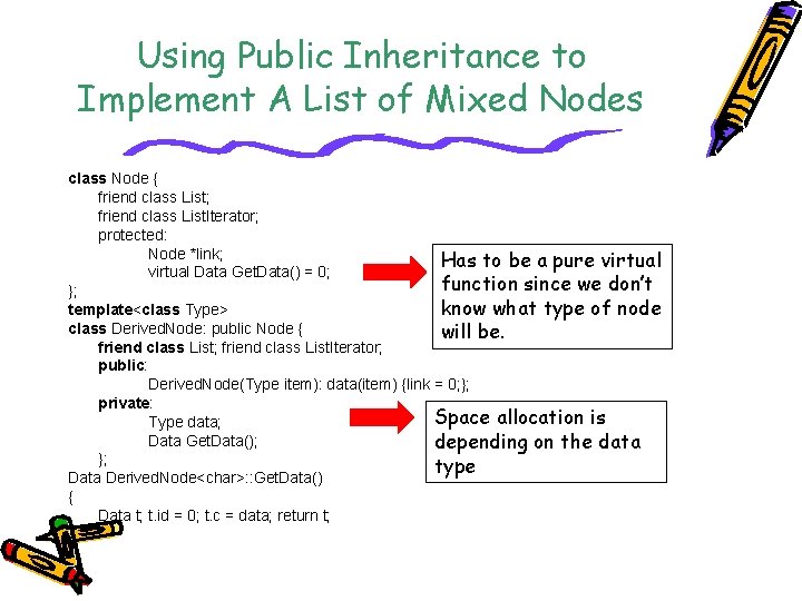 Using Public Inheritance to Implement A List of Mixed Nodes class Node { friend