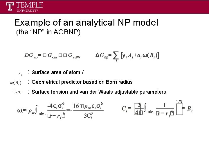 Example of an analytical NP model (the “NP” in AGBNP) : Surface area of