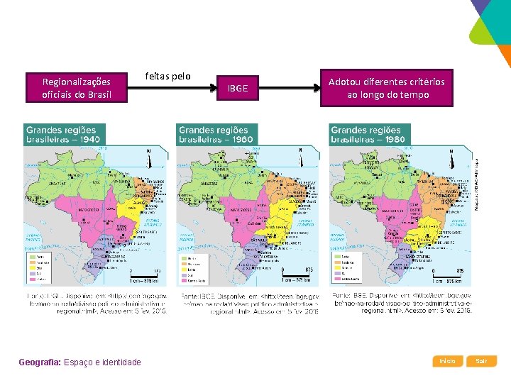 Regionalizações oficiais do Brasil Geografia: Espaço e identidade feitas pelo IBGE Adotou diferentes critérios