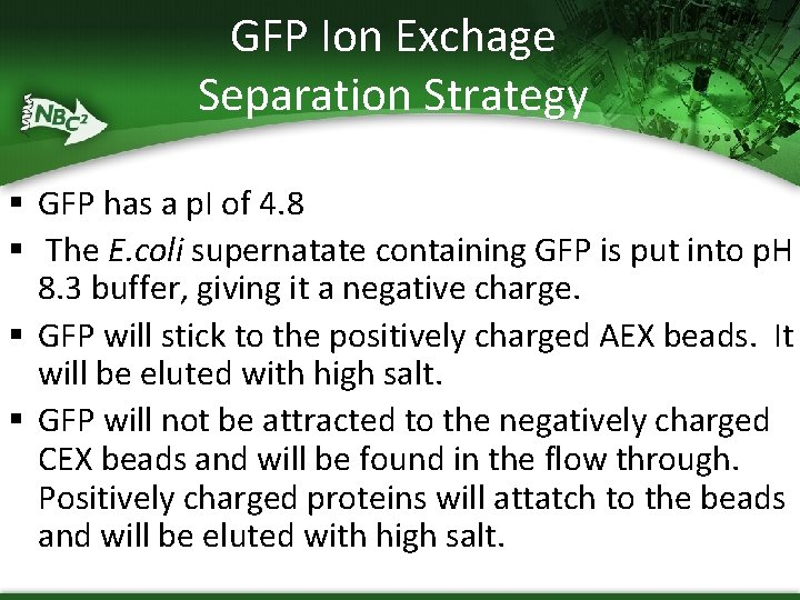 GFP Ion Exchage Separation Strategy § GFP has a p. I of 4. 8