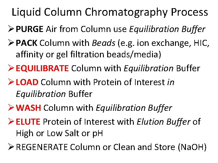 Liquid Column Chromatography Process Ø PURGE Air from Column use Equilibration Buffer Ø PACK