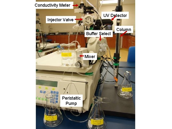 Conductivity Meter UV Detector Injector Valve Buffer Select Mixer Peristaltic Pump Column 