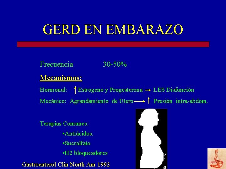 GERD EN EMBARAZO Frecuencia 30 -50% Mecanismos: Hormonal: Estrogeno y Progesterona Mecánico: Agrandamiento de