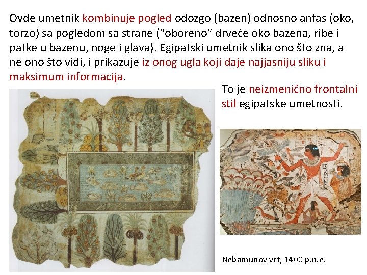 Ovde umetnik kombinuje pogled odozgo (bazen) odnosno anfas (oko, torzo) sa pogledom sa strane Ovde umetnik kombinuje pogled odozgo (bazen) odnosno anfas (oko, torzo) sa pogledom sa strane
