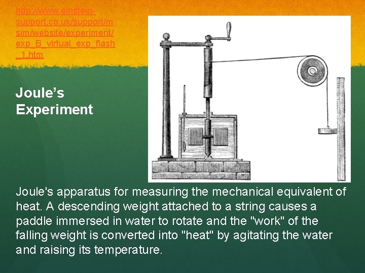 http: //www. einsteinsupport. co. uk/support/m sim/website/experiment/ exp_B_virtual_exp_flash _1. htm Joule’s Experiment Joule's apparatus for