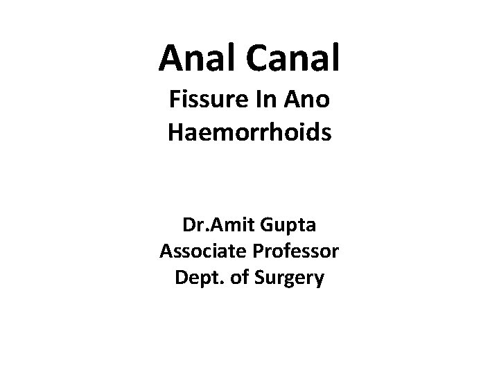 Anal Canal Fissure In Ano Haemorrhoids Dr. Amit Gupta Associate Professor Dept. of Surgery