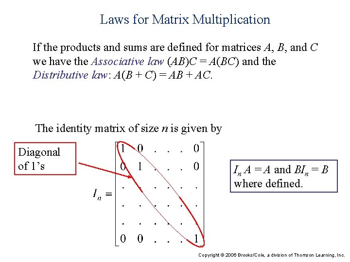 Laws for Matrix Multiplication If the products and sums are defined for matrices A,