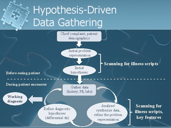 Hypothesis-Driven Data Gathering Chief complaint, patient demographics Initial problem representation Initial hypotheses Before seeing Hypothesis-Driven Data Gathering Chief complaint, patient demographics Initial problem representation Initial hypotheses Before seeing