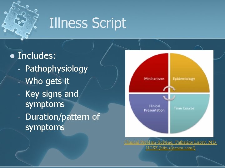 Illness Script l Includes: - Pathophysiology Who gets it Key signs and symptoms Duration/pattern Illness Script l Includes: - Pathophysiology Who gets it Key signs and symptoms Duration/pattern