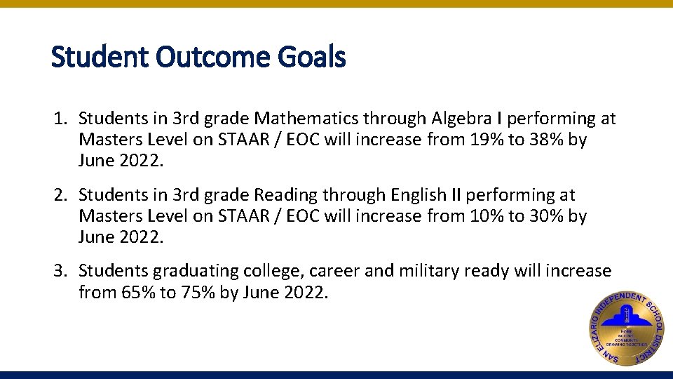 Student Outcome Goals 1. Students in 3 rd grade Mathematics through Algebra I performing Student Outcome Goals 1. Students in 3 rd grade Mathematics through Algebra I performing
