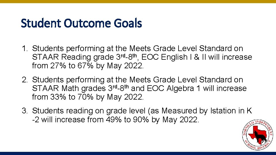 Student Outcome Goals 1. Students performing at the Meets Grade Level Standard on STAAR Student Outcome Goals 1. Students performing at the Meets Grade Level Standard on STAAR