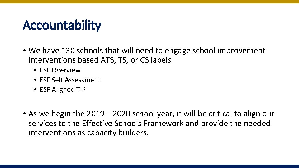 Accountability • We have 130 schools that will need to engage school improvement interventions Accountability • We have 130 schools that will need to engage school improvement interventions