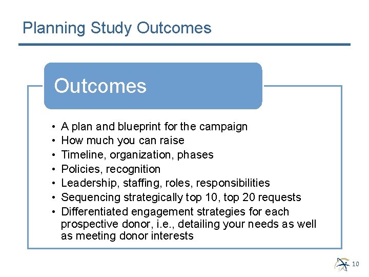 Planning Study Outcomes • • A plan and blueprint for the campaign How much