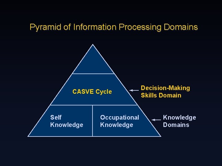 Pyramid of Information Processing Domains CASVE Cycle Self Knowledge Occupational Knowledge Decision-Making Skills Domain