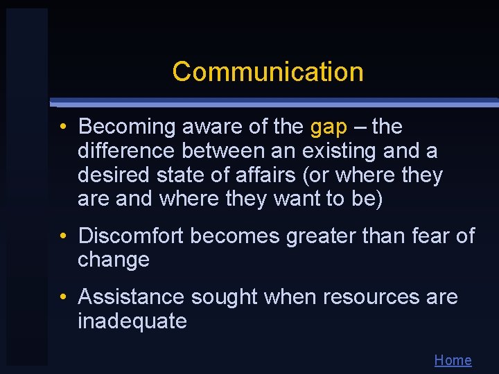 Communication • Becoming aware of the gap – the difference between an existing and