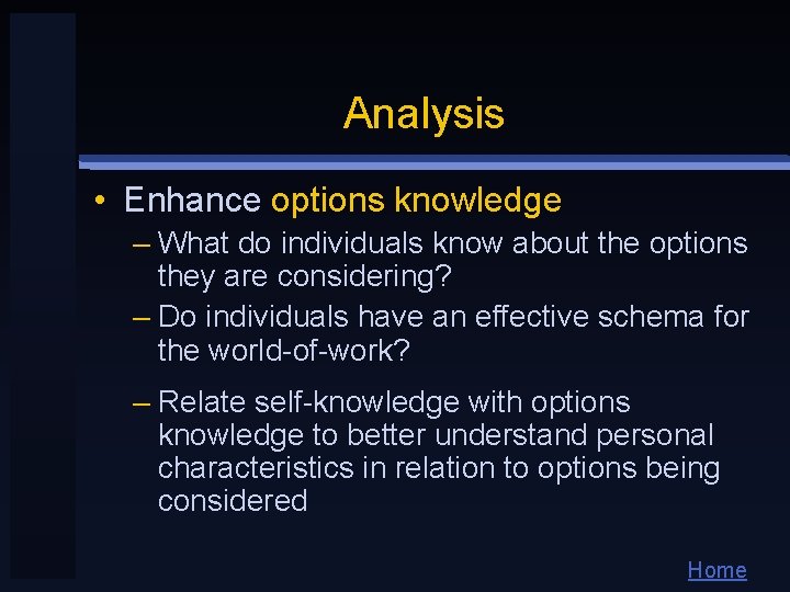 Analysis • Enhance options knowledge – What do individuals know about the options they