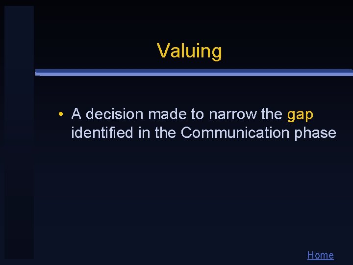 Valuing • A decision made to narrow the gap identified in the Communication phase