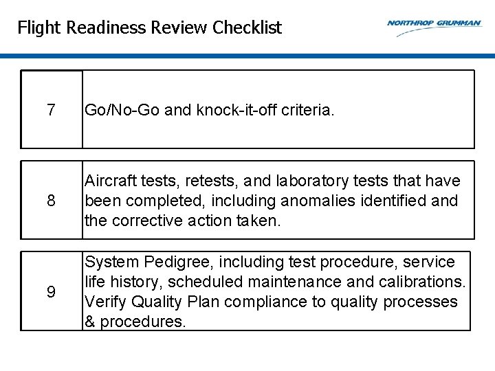 Flight Readiness Review Checklist 7 Go/No-Go and knock-it-off criteria. 8 Aircraft tests, retests, and