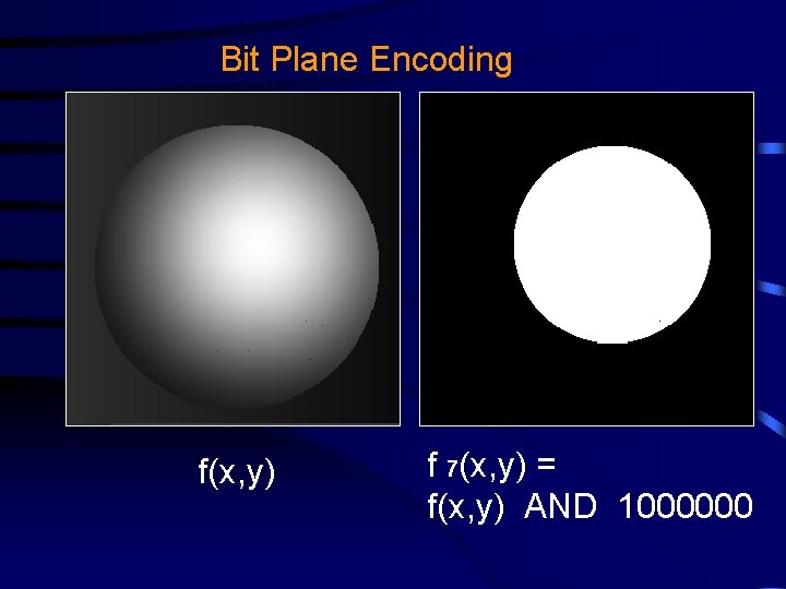 Bit Plane Encoding f(x, y) f 7(x, y) = f(x, y) AND 1000000 