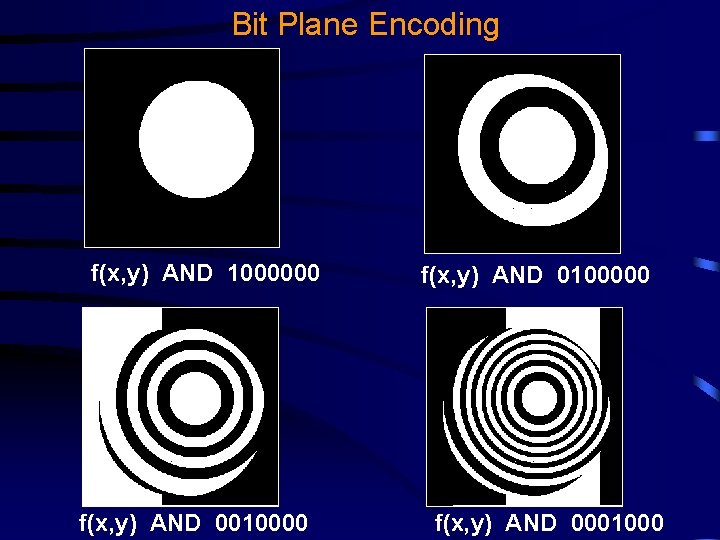 Bit Plane Encoding f(x, y) AND 1000000 f(x, y) AND 0010000 f(x, y) AND