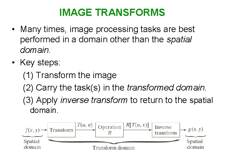 IMAGE TRANSFORMS • Many times, image processing tasks are best performed in a domain