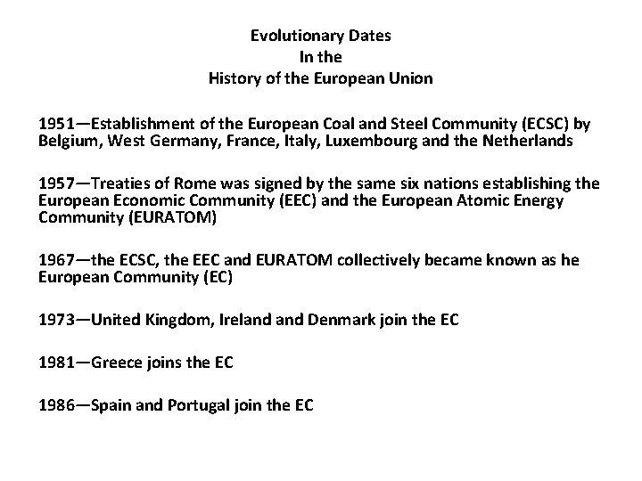 Evolutionary Dates In the History of the European Union 1951—Establishment of the European Coal