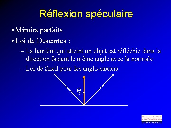 Réflexion spéculaire • Miroirs parfaits • Loi de Descartes : – La lumière qui